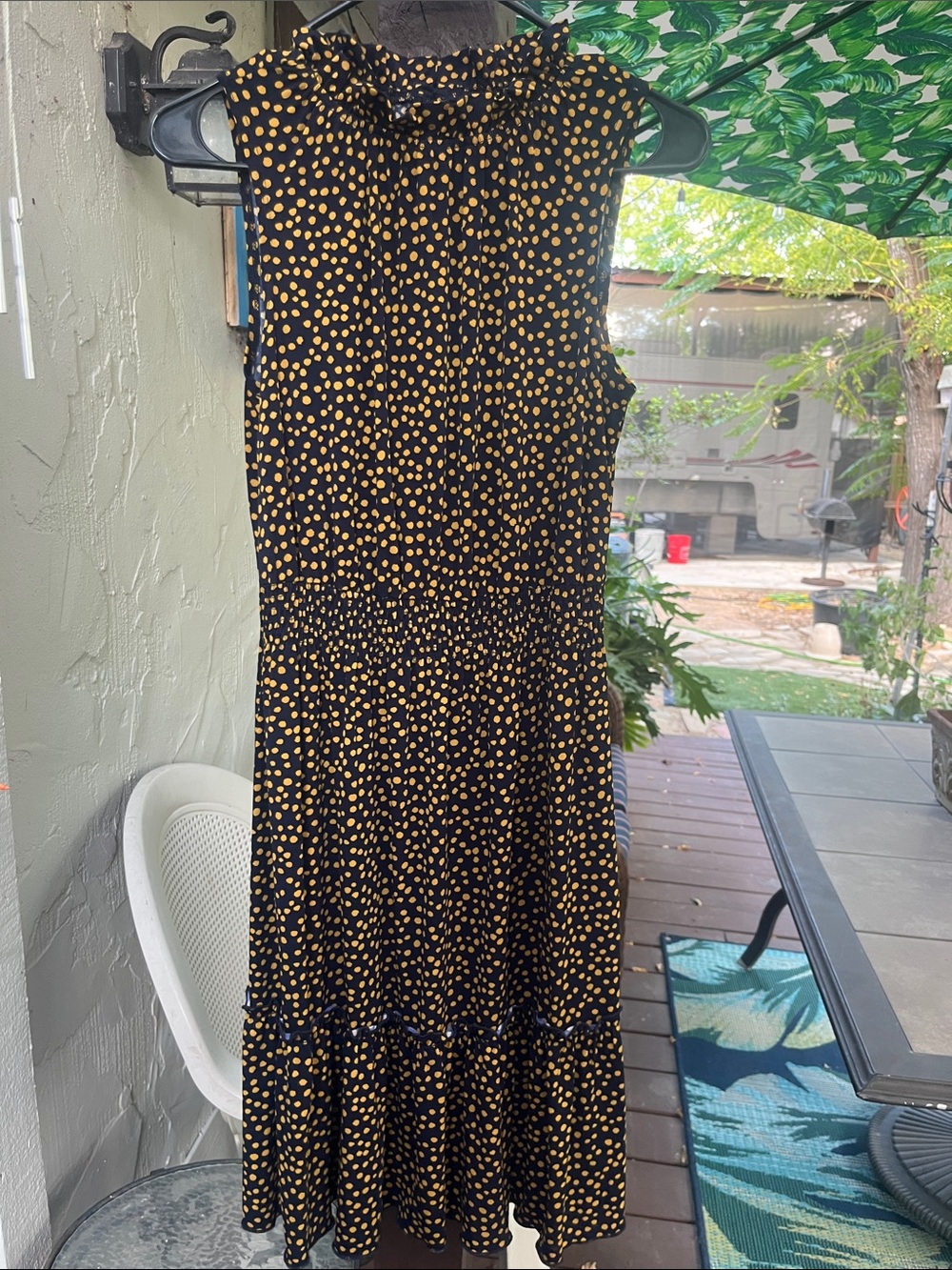Enfocus Studio Black Gold Polka Dot Smocked Midi Dress 4 EUC